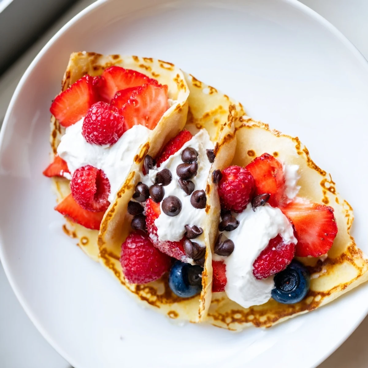 Soft pancake tacos topped with whipped cream, banana slices, and chocolate chips