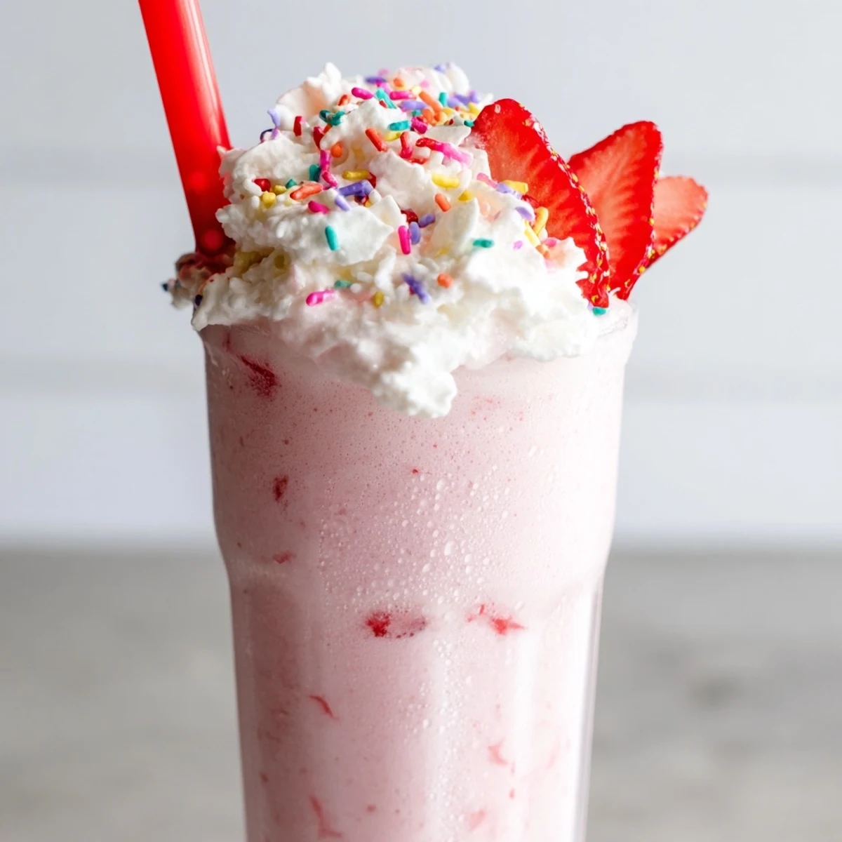 Creamy strawberry milkshake topped with whipped cream in a tall glass