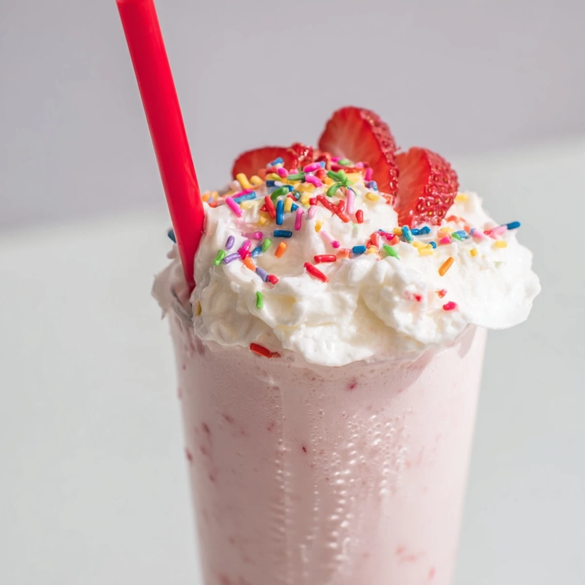 Blended strawberry milkshake recipe poured into a chilled glass with sprinkles