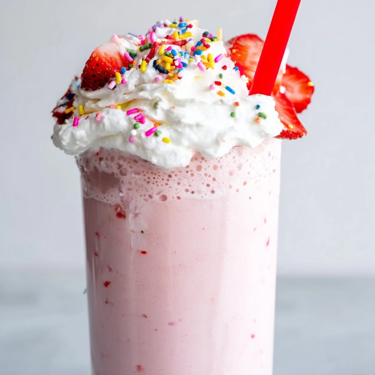 Thick strawberry milkshake served with fresh berries and a colorful straw
