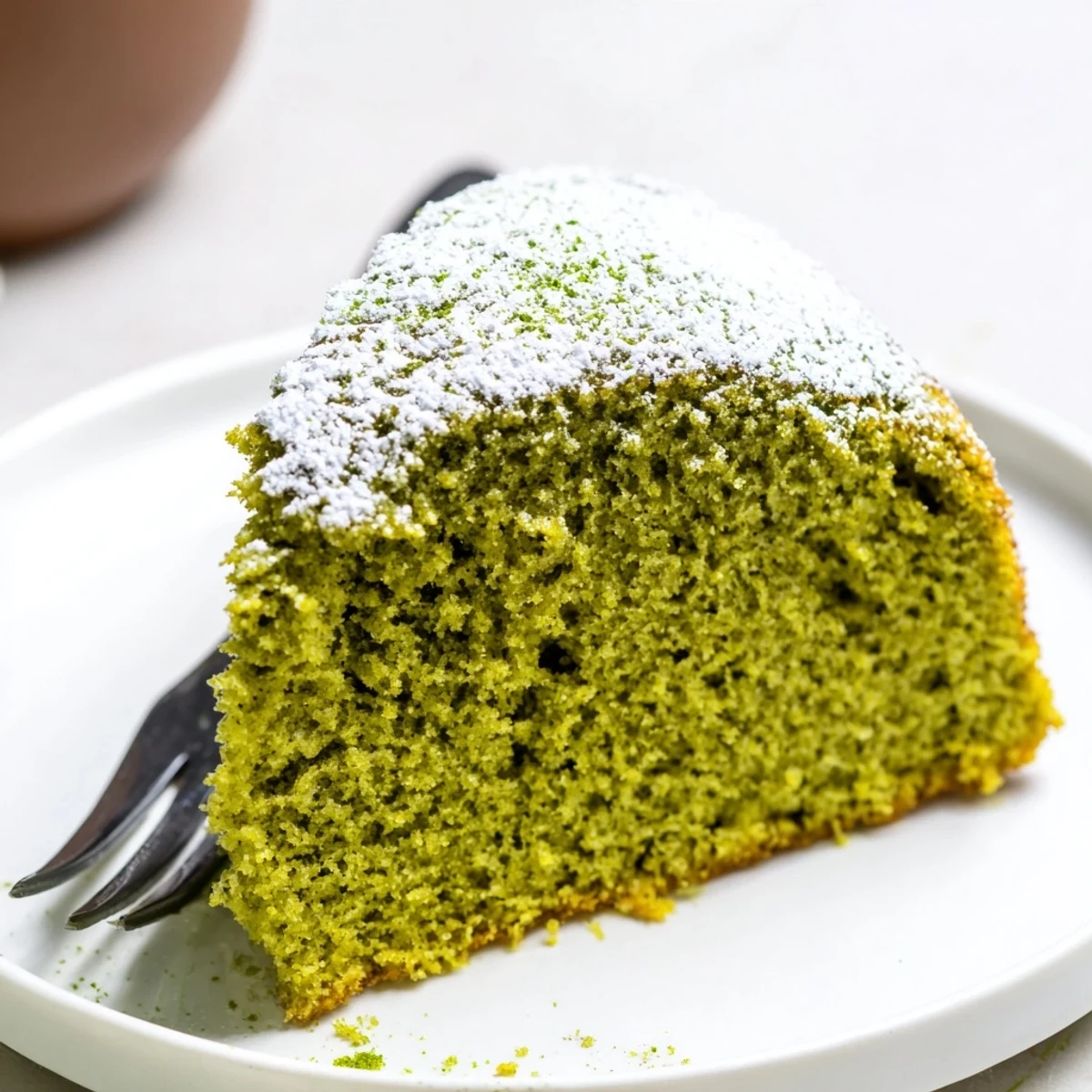 A fluffy slice of matcha cake recipe dusted with powdered sugar and served on a white plate.
