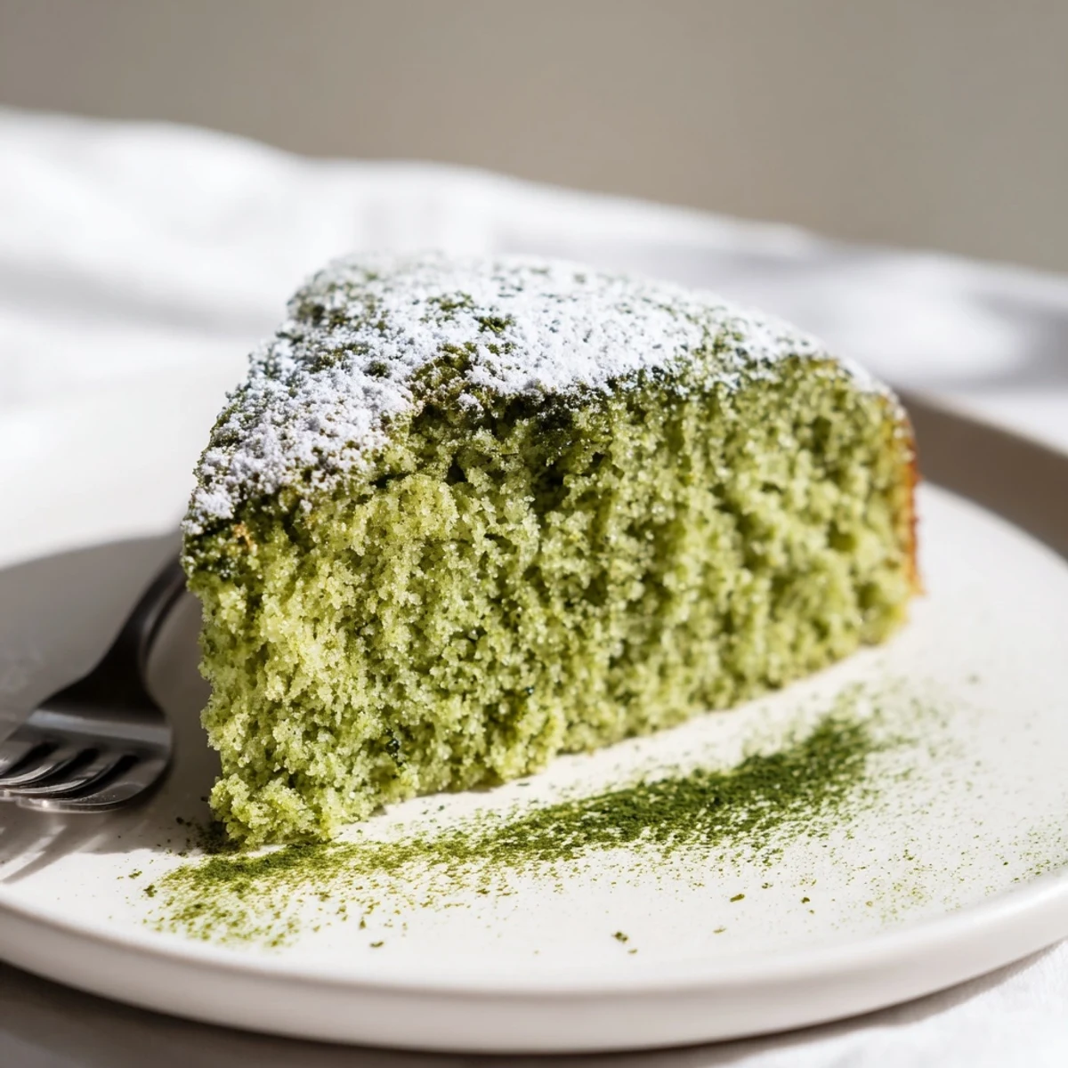 Tall slice of vibrant green matcha cake recipe resting on a wire cooling rack.
