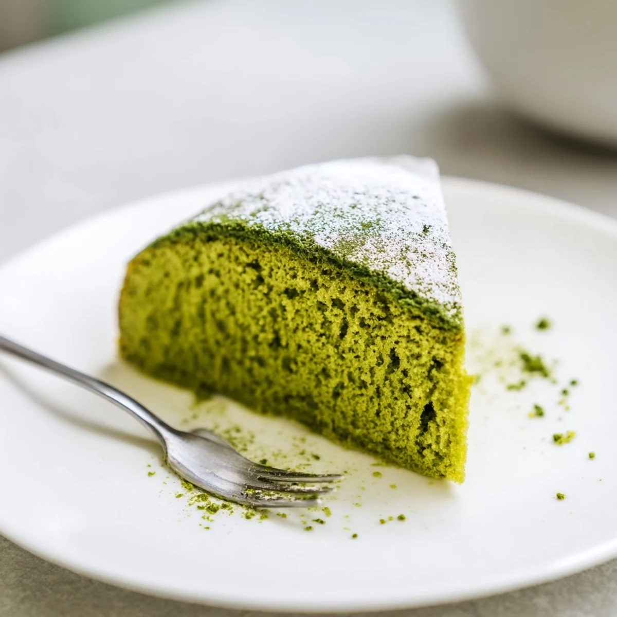 Warm matcha cake recipe topped with a sweet powdered sugar glaze, surrounded by scattered fresh berries.