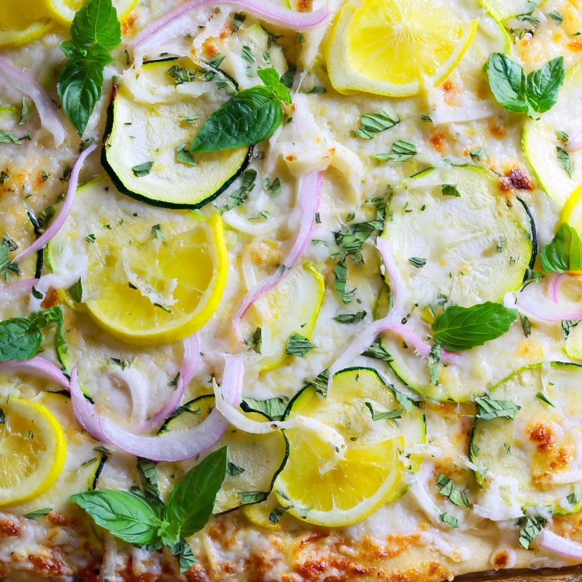 Golden Zesty Summer Lemon Pizza with bubbling mozzarella and fresh herb garnish.