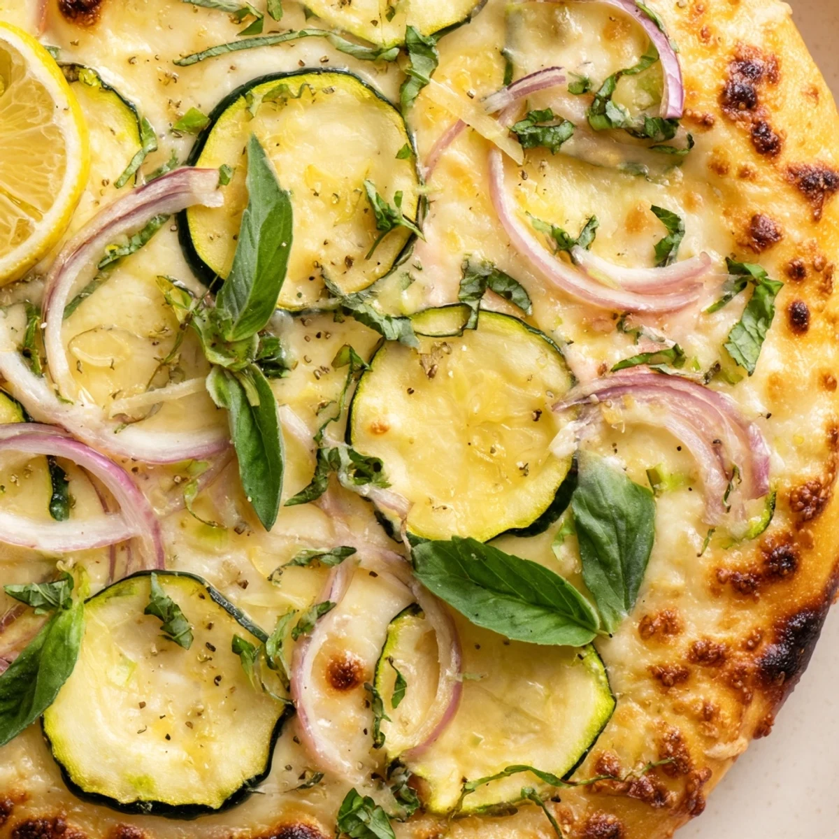 Vegetarian pizza topped with creamy lemon ricotta, zucchini ribbons, and red onion.