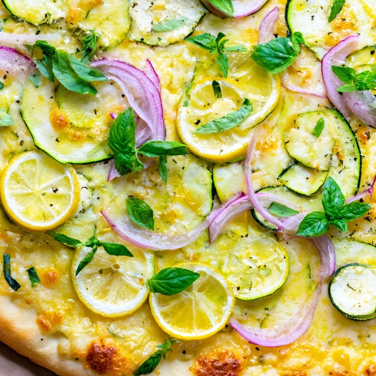 Sliced summer lemon pizza featuring zesty ricotta sauce, basil, and mint toppings.