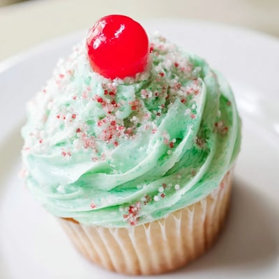 Close-up of Shamrock Shake Cupcakes featuring pastel green frosting piped high, glistening with sugar and a bright maraschino cherry garnish.