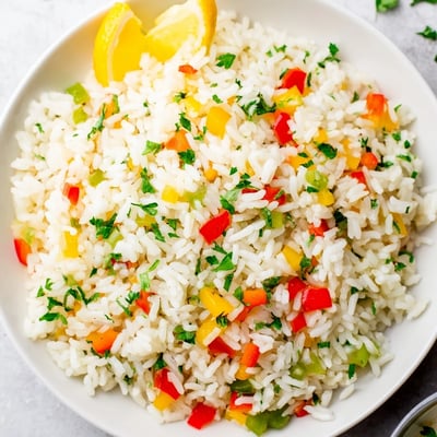 Fragrant Rice Pilaf with Peppers and Onions tossed with sautéed vegetables, ready to serve as a flavorful side dish.  