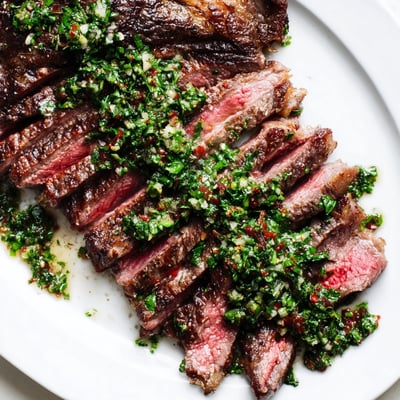 Perfectly seared steak topped with vibrant, herby chimichurri sauce served with roasted potatoes on the side.  