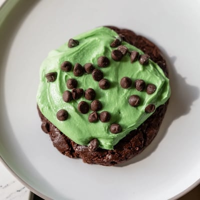 Two chocolate mint cookies with glossy green frosting, nestled beside a glass of cold milk.
