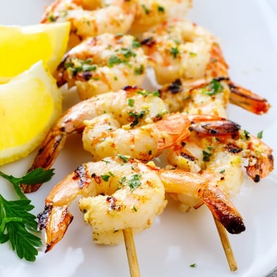 Juicy Lemon Garlic Shrimp Skewers sizzling on the grill with a light char and zesty aroma.  