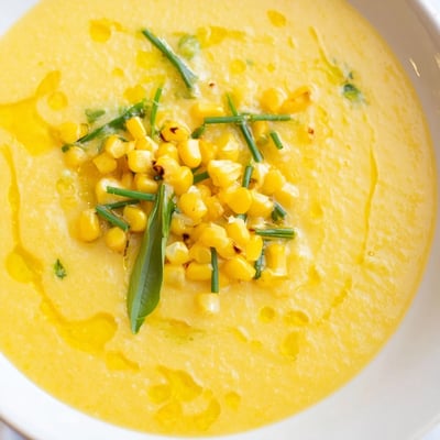 Chilled summer sweet corn gazpacho in a bowl with a drizzle of olive oil