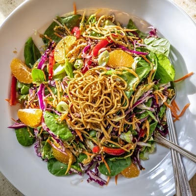 Crisp Mandarin Sesame Crunch Salad dressed in tangy sesame ginger vinaigrette on a rustic plate