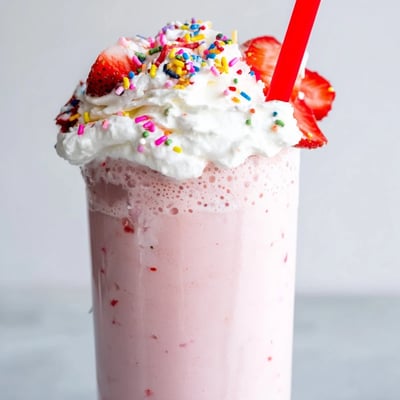Thick strawberry milkshake served with fresh berries and a colorful straw